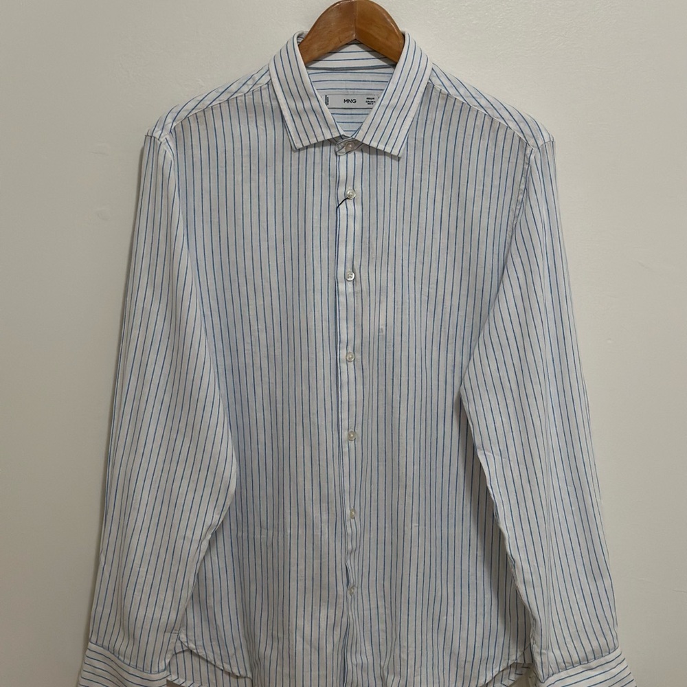 Mango Blue and White Striped Casual Shirt
